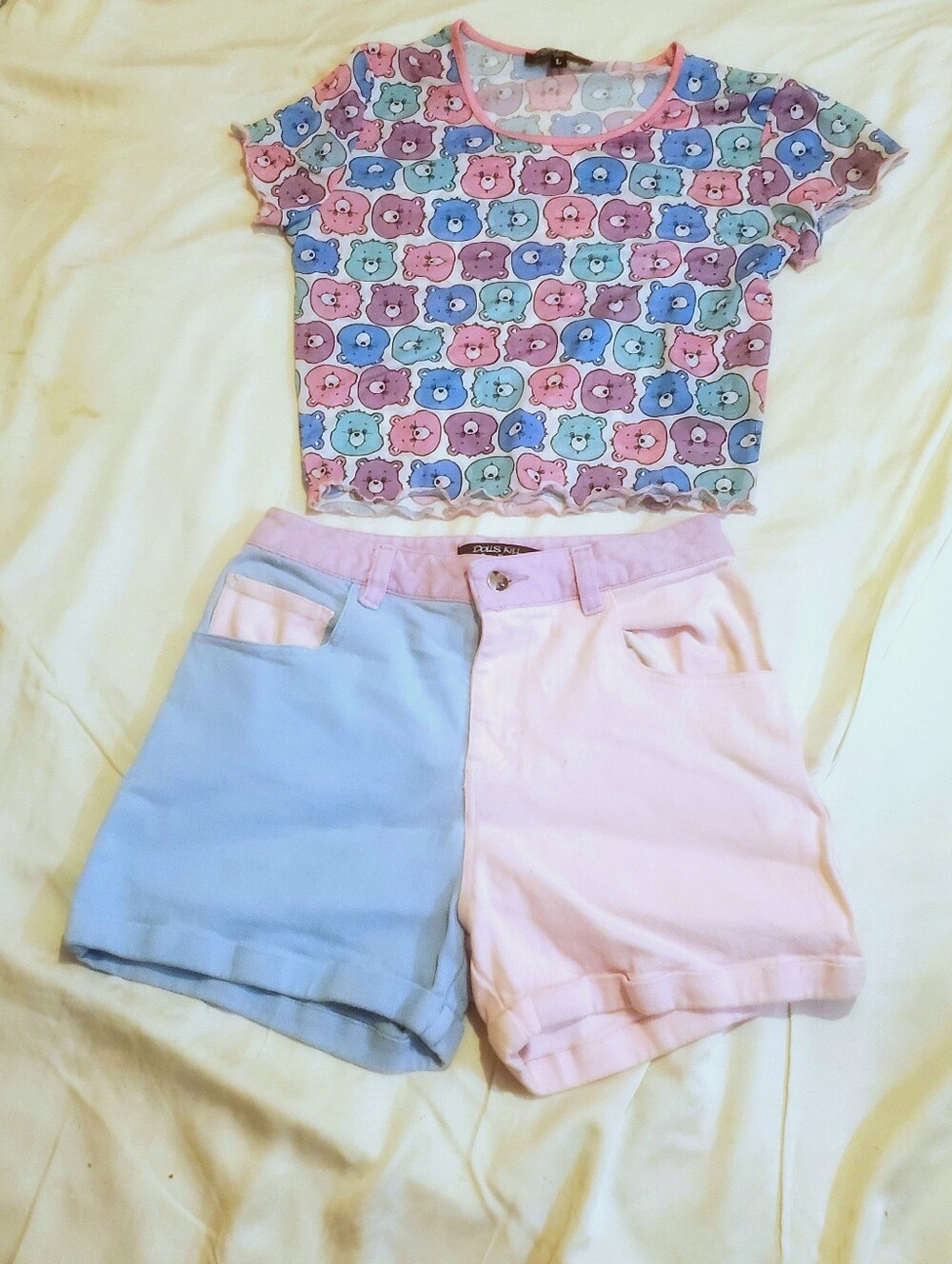 ☆ DOLLS KILL X CARE BEARS ★ Pastel Kawaii Mesh Top Colorblock Shorts Size Large